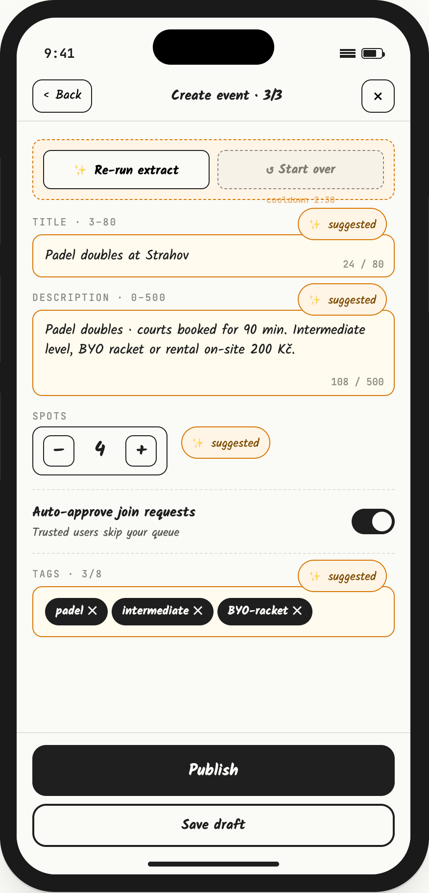 Wireframe: the event form prefilled by the assistant with amber suggested fields